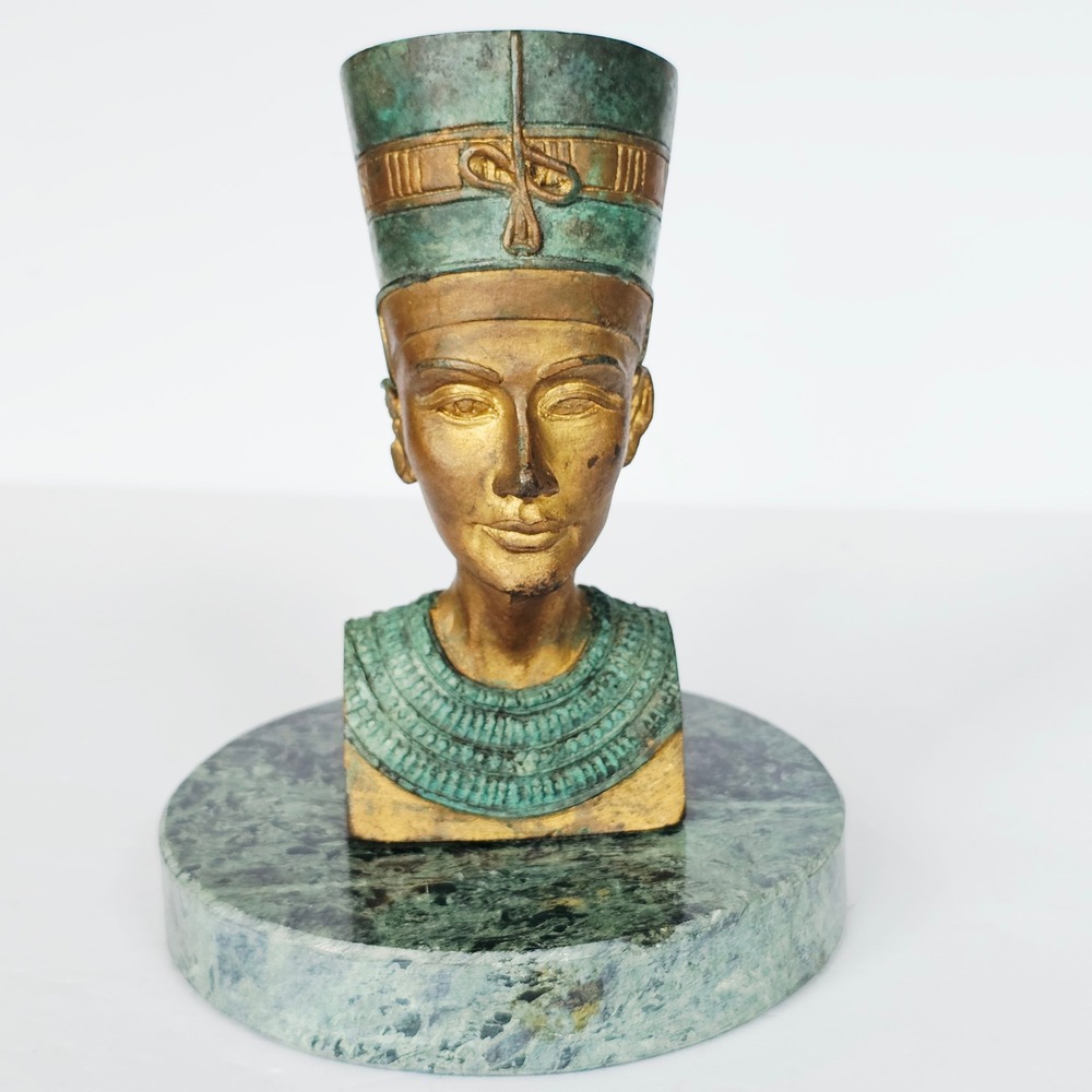 Vintage Nefertiti Bust Egyptian Revival Verdigris Gold Metal Marble Base Statue